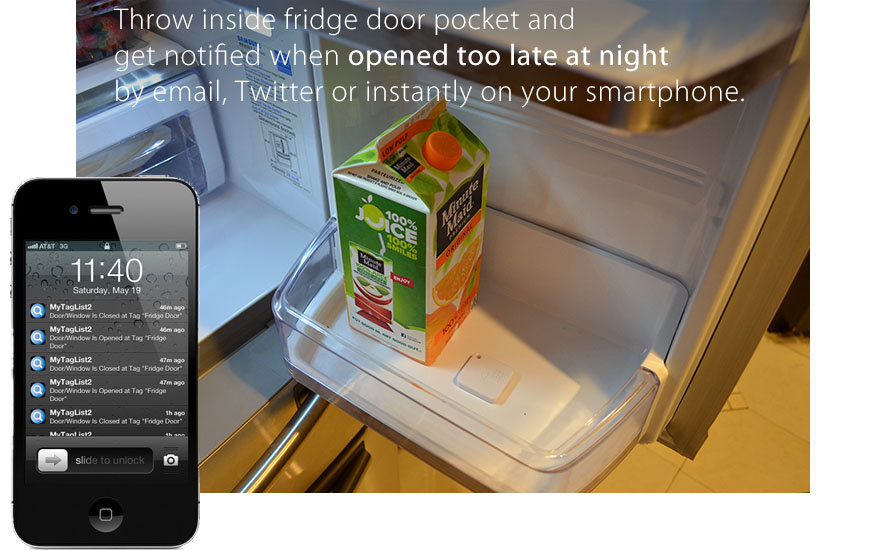 Throw inside fridge door pocket and get notified when opened too late at night by email, Twitter, or instantly on your smartphones.